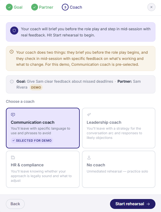 Evro screen for choosing a coach, with the Communication coach selected