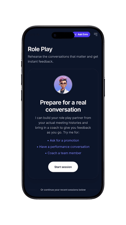 Evro Role Play feature on a phone, showing a prompt to prepare for a real conversation with quick-start options